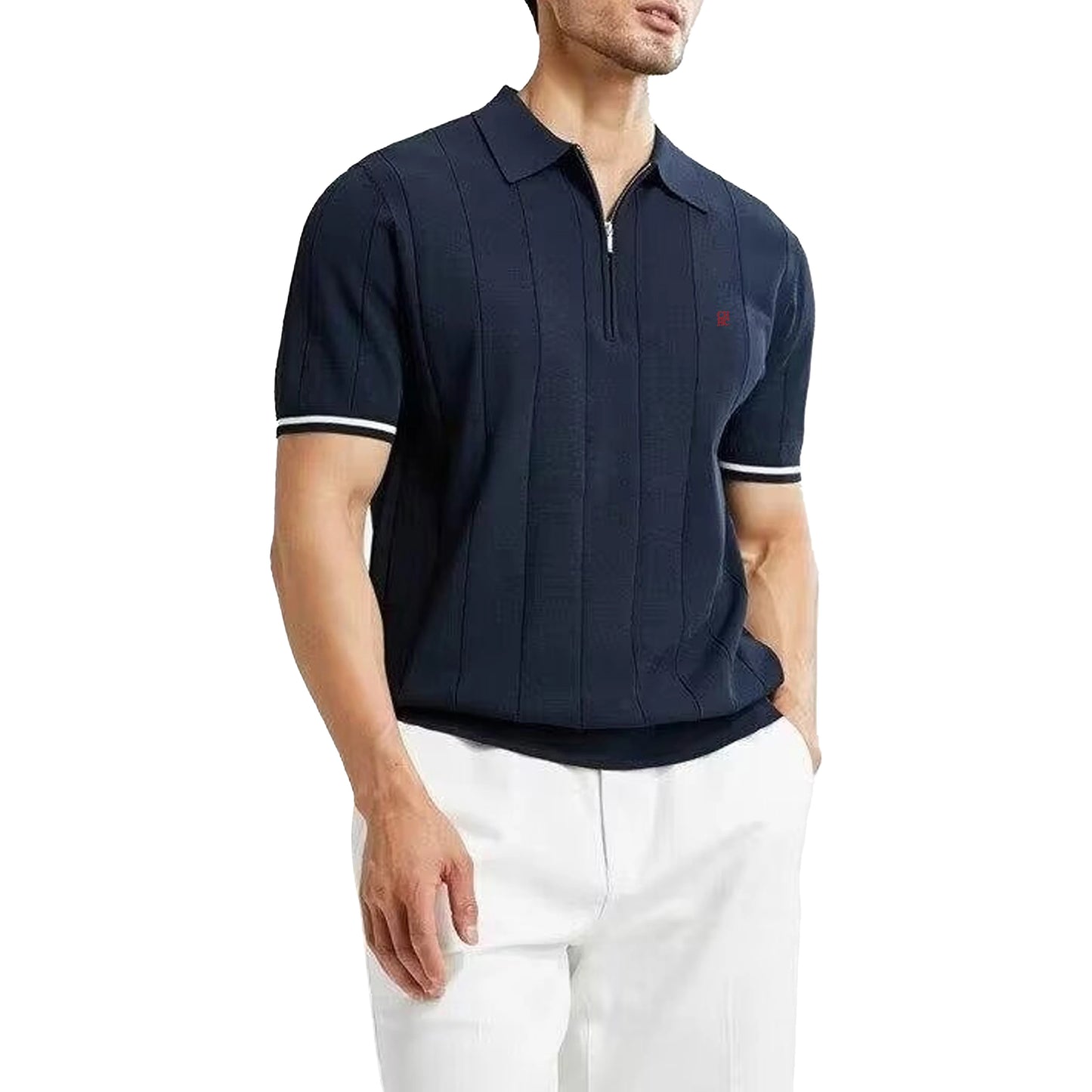 Summer Ribbed Knit Polo Shirt for Men