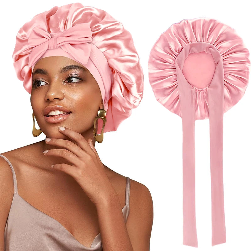 Satin Solid Sleeping Hat With Stretchy Tie Band Elastic