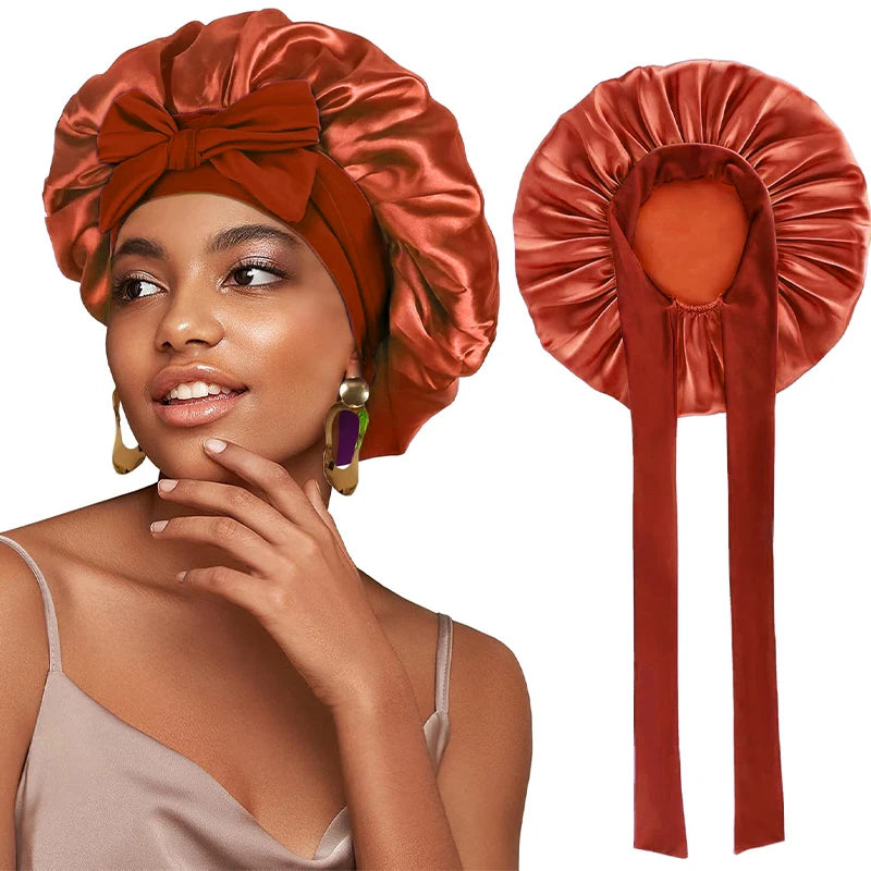 Satin Solid Sleeping Hat With Stretchy Tie Band Elastic