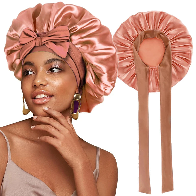 Satin Solid Sleeping Hat With Stretchy Tie Band Elastic
