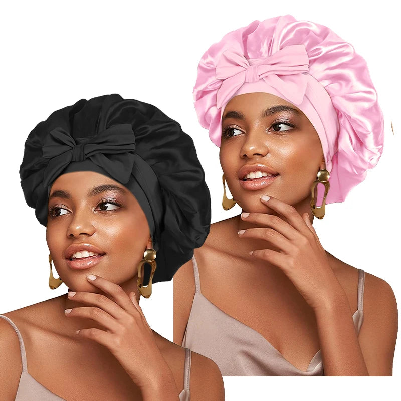 Satin Solid Sleeping Hat With Stretchy Tie Band Elastic