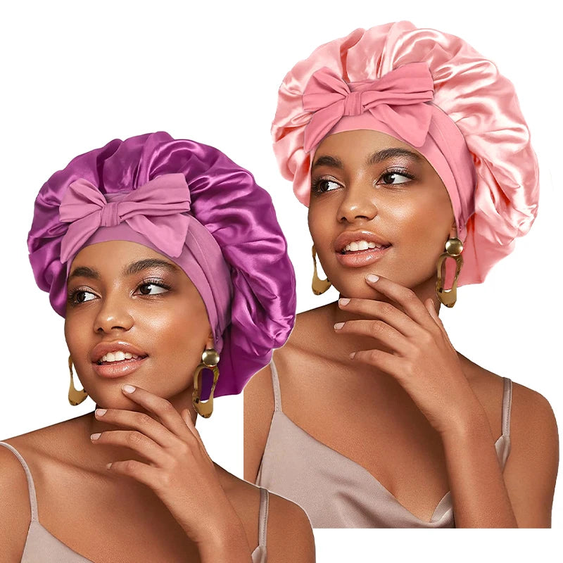 Satin Solid Sleeping Hat With Stretchy Tie Band Elastic