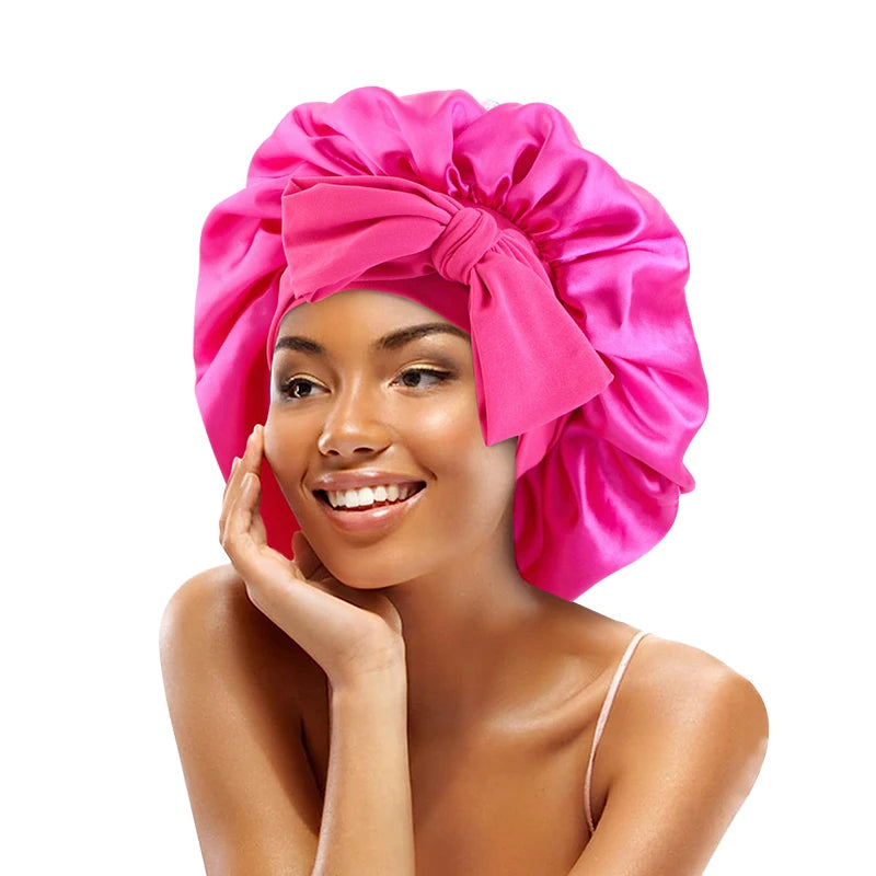 Satin Solid Sleeping Hat With Stretchy Tie Band Elastic