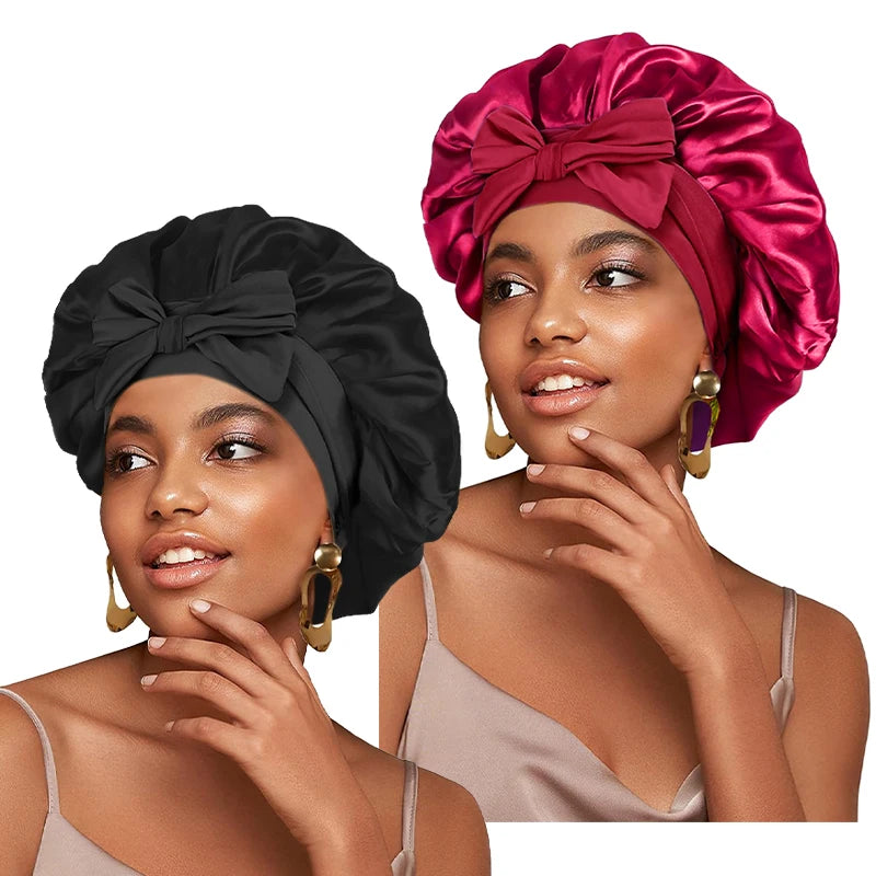 Satin Solid Sleeping Hat With Stretchy Tie Band Elastic