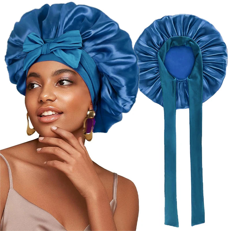 Satin Solid Sleeping Hat With Stretchy Tie Band Elastic