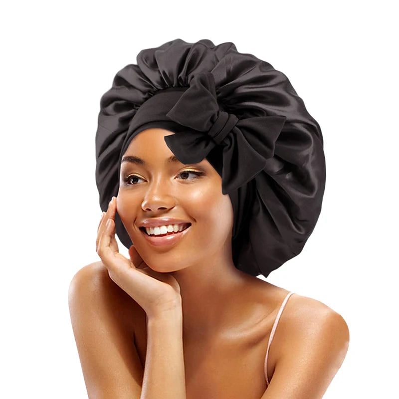 Satin Solid Sleeping Hat With Stretchy Tie Band Elastic