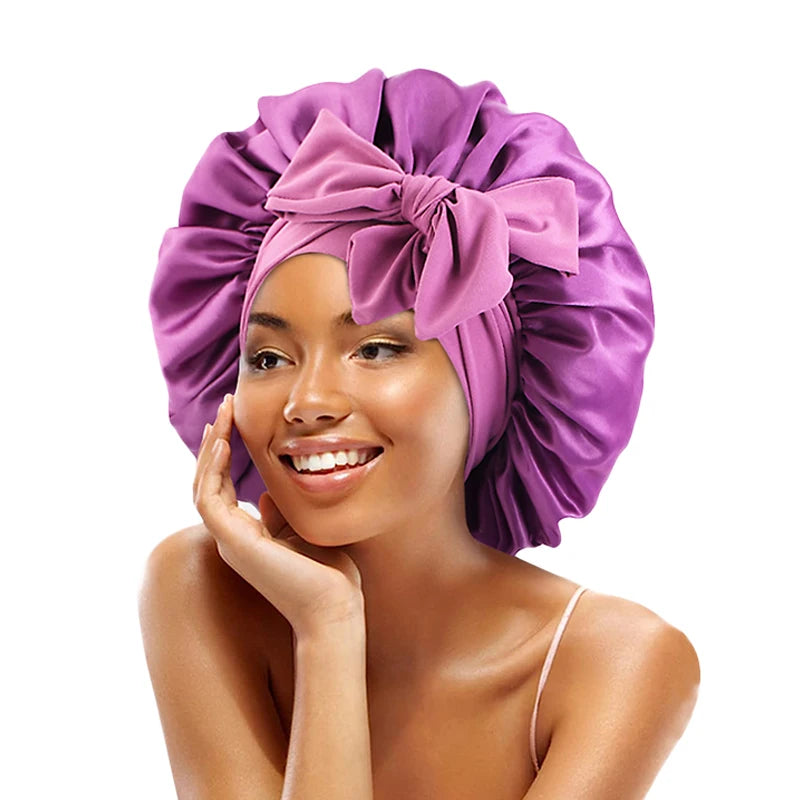 Satin Solid Sleeping Hat With Stretchy Tie Band Elastic