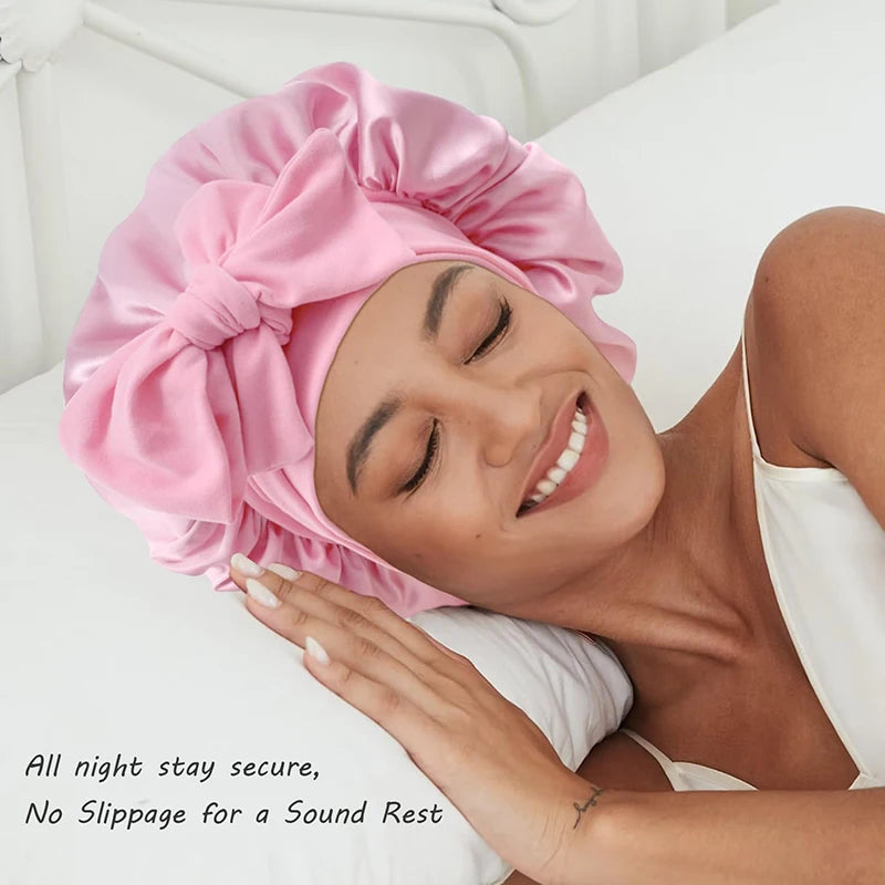 Satin Solid Sleeping Hat With Stretchy Tie Band Elastic