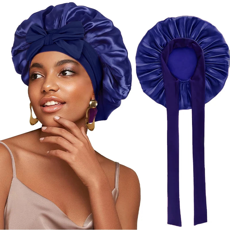 Satin Solid Sleeping Hat With Stretchy Tie Band Elastic