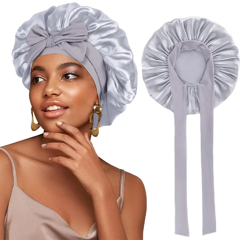Satin Solid Sleeping Hat With Stretchy Tie Band Elastic