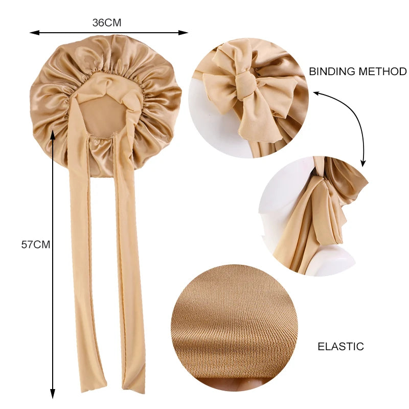 Satin Solid Sleeping Hat With Stretchy Tie Band Elastic