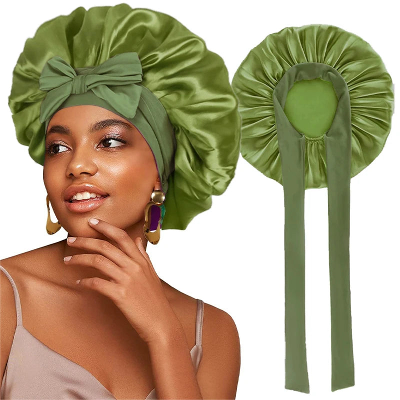 Satin Solid Sleeping Hat With Stretchy Tie Band Elastic