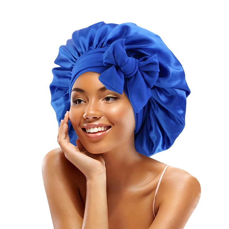 Satin Solid Sleeping Hat With Stretchy Tie Band Elastic