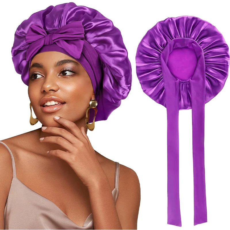 Satin Solid Sleeping Hat With Stretchy Tie Band Elastic