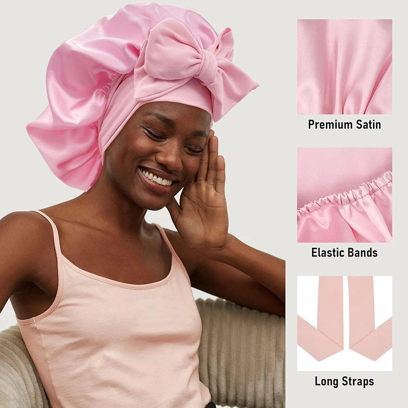 Satin Solid Sleeping Hat With Stretchy Tie Band Elastic