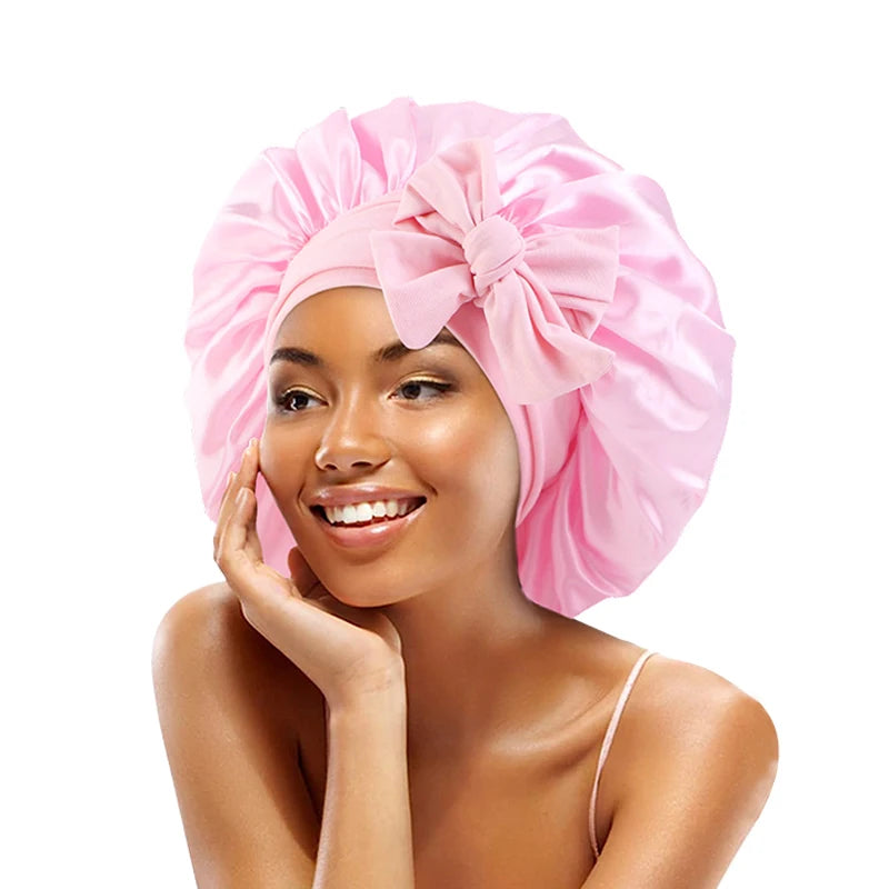 Satin Solid Sleeping Hat With Stretchy Tie Band Elastic