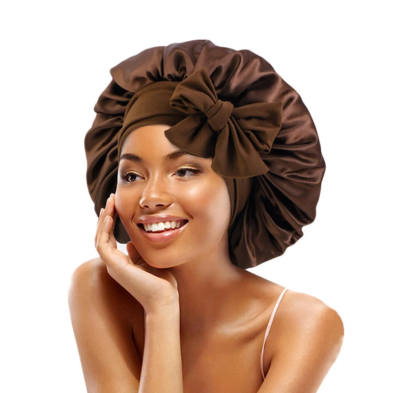 Satin Solid Sleeping Hat With Stretchy Tie Band Elastic