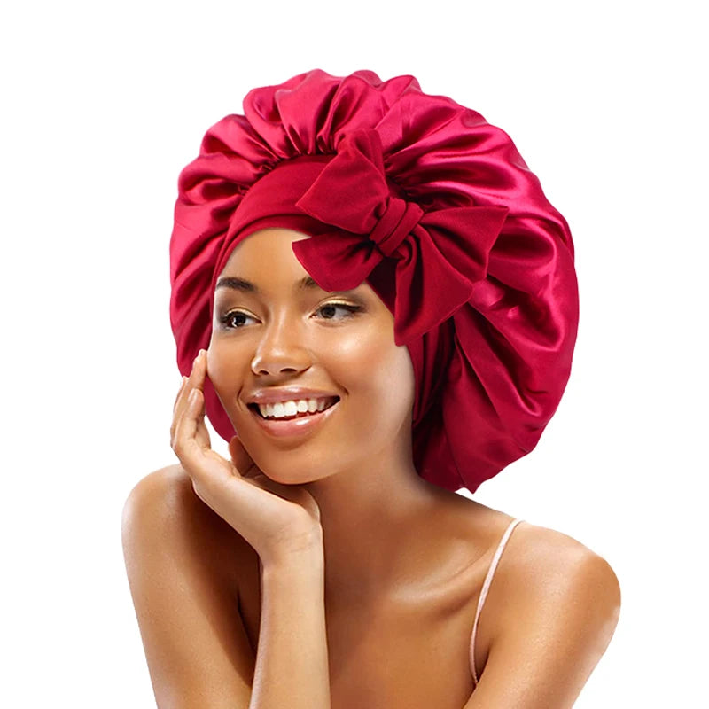 Satin Solid Sleeping Hat With Stretchy Tie Band Elastic
